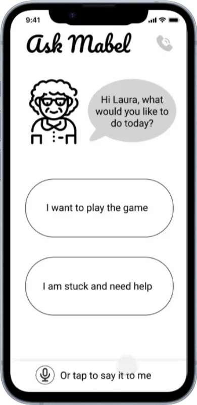 Iteration 2: a game app where a line-drawn Mabel asks what you would like to do today, with buttons to play the game or get help