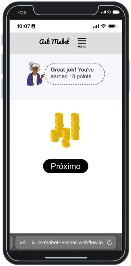 Reward screen: Great job! You've earned 10 points