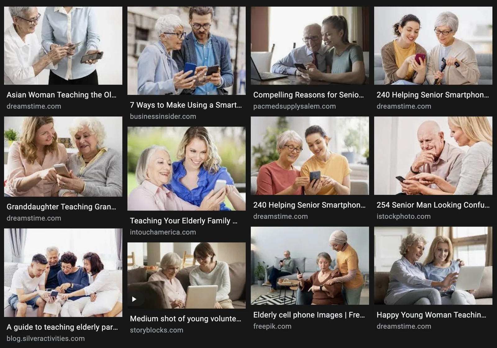 Image search results: older adults being shown how to use phones and laptops by younger people