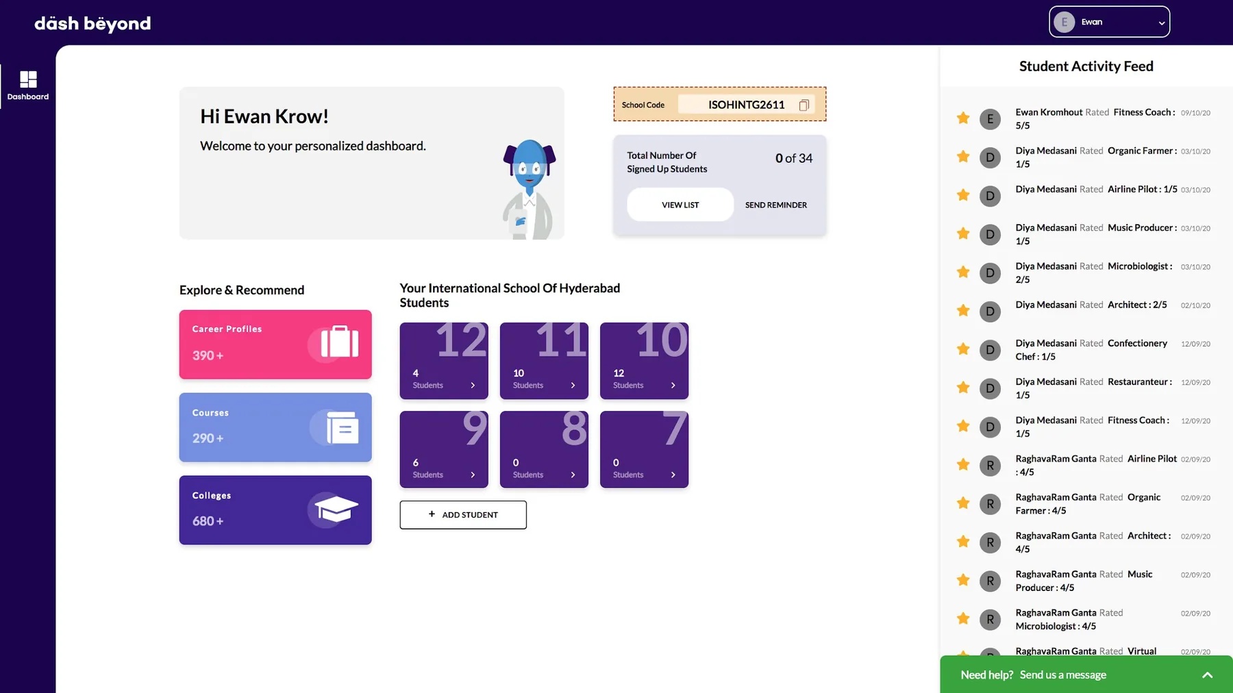 The Dash Beyond counsellor dashboard: explore and recommend, students by grade and a live student activity feed