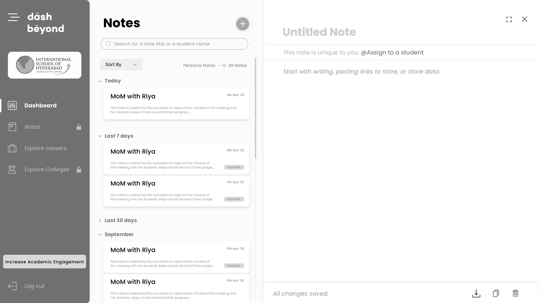 Notes landing: list of notes beside an untitled note that can be assigned to a student