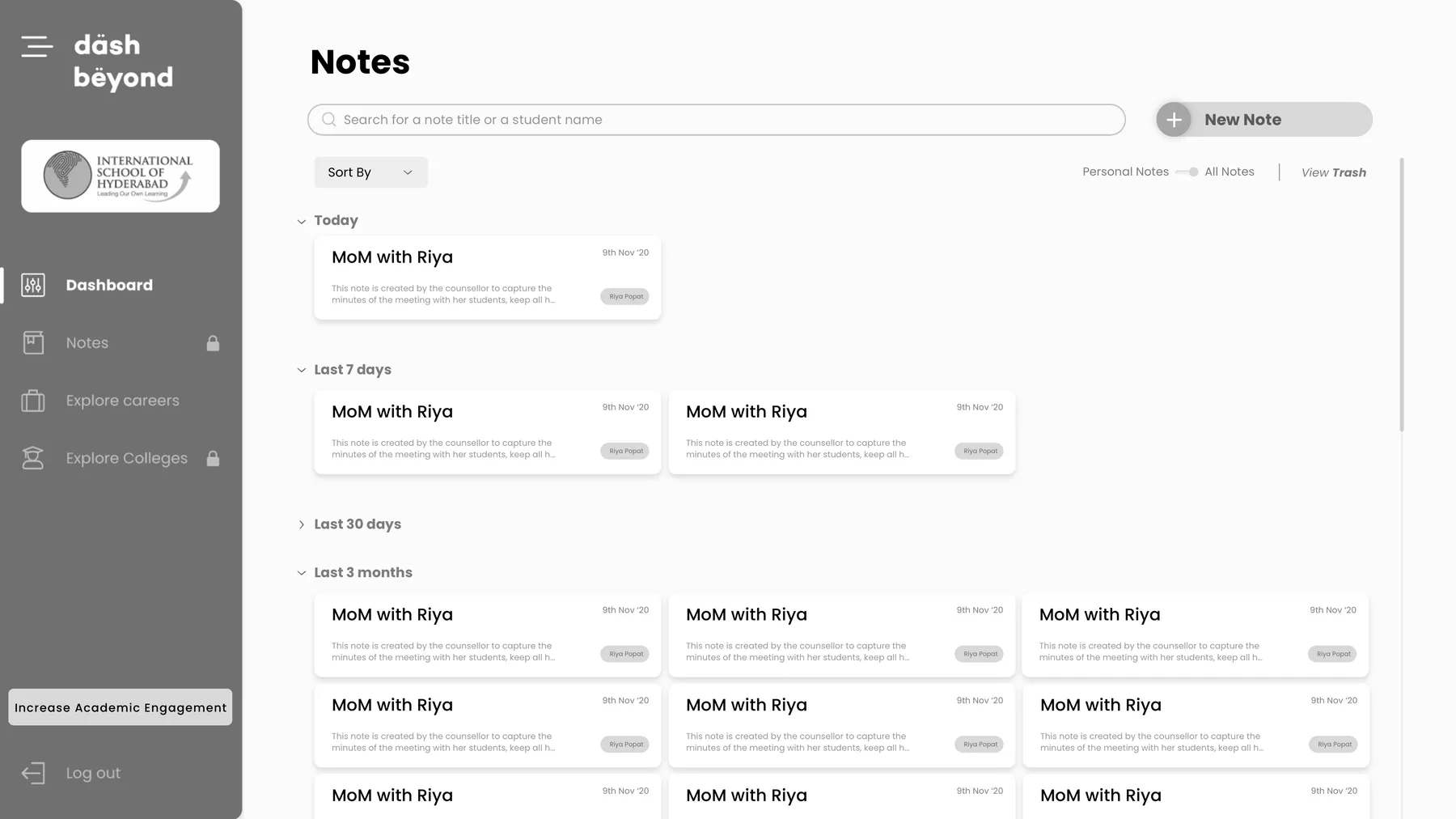 Notes listing grouped by today, last 7 days, last 30 days and last 3 months