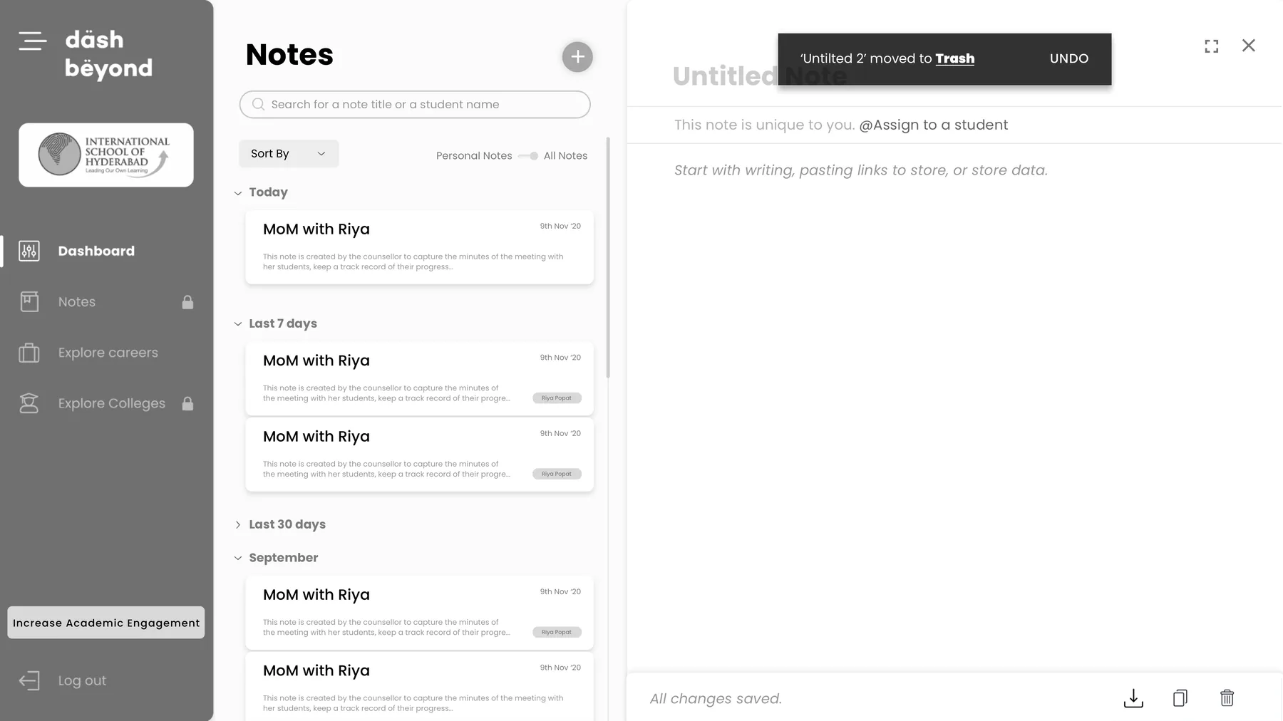 Notification: Untitled 2 moved to Trash, with undo