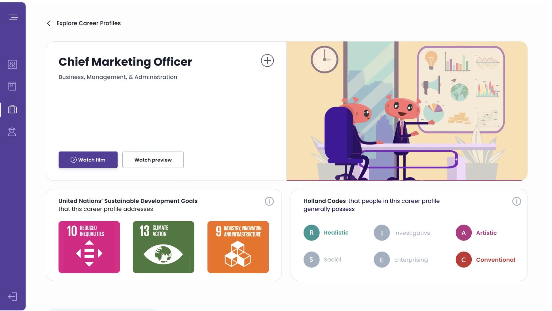 Career profile for Chief Marketing Officer with films, sustainable development goals and Holland codes