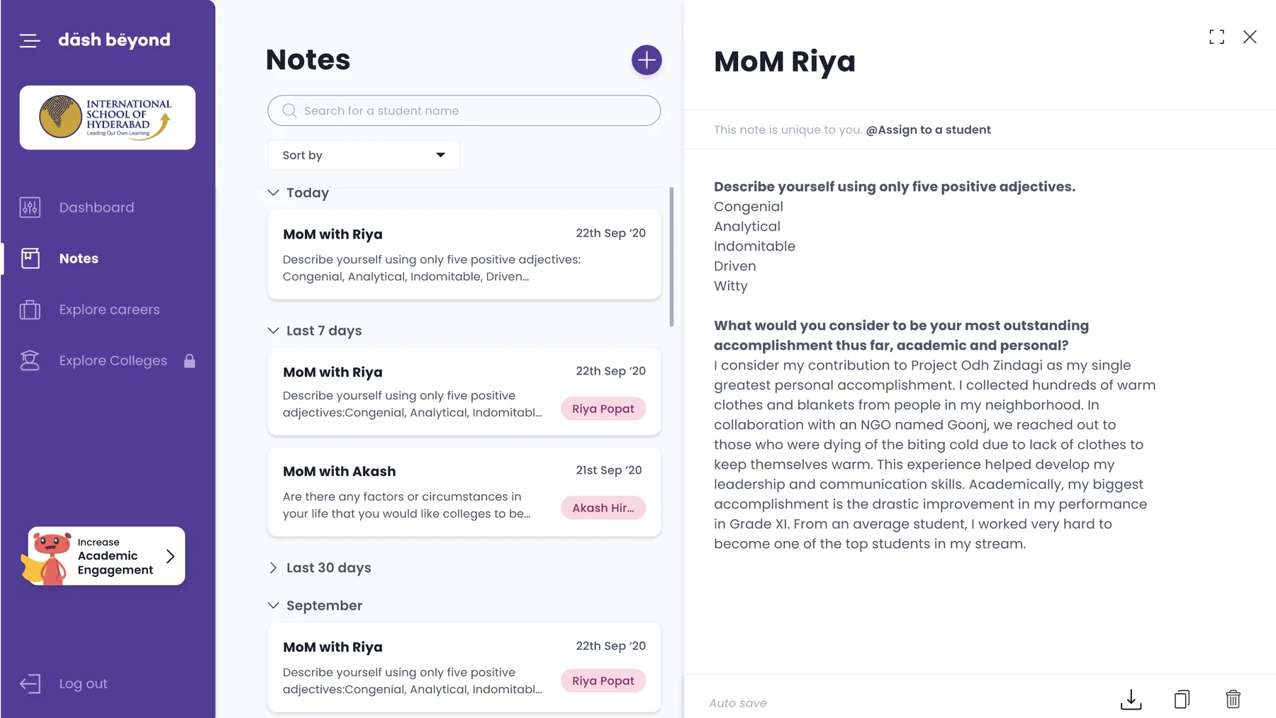Notes with a meeting note for Riya open