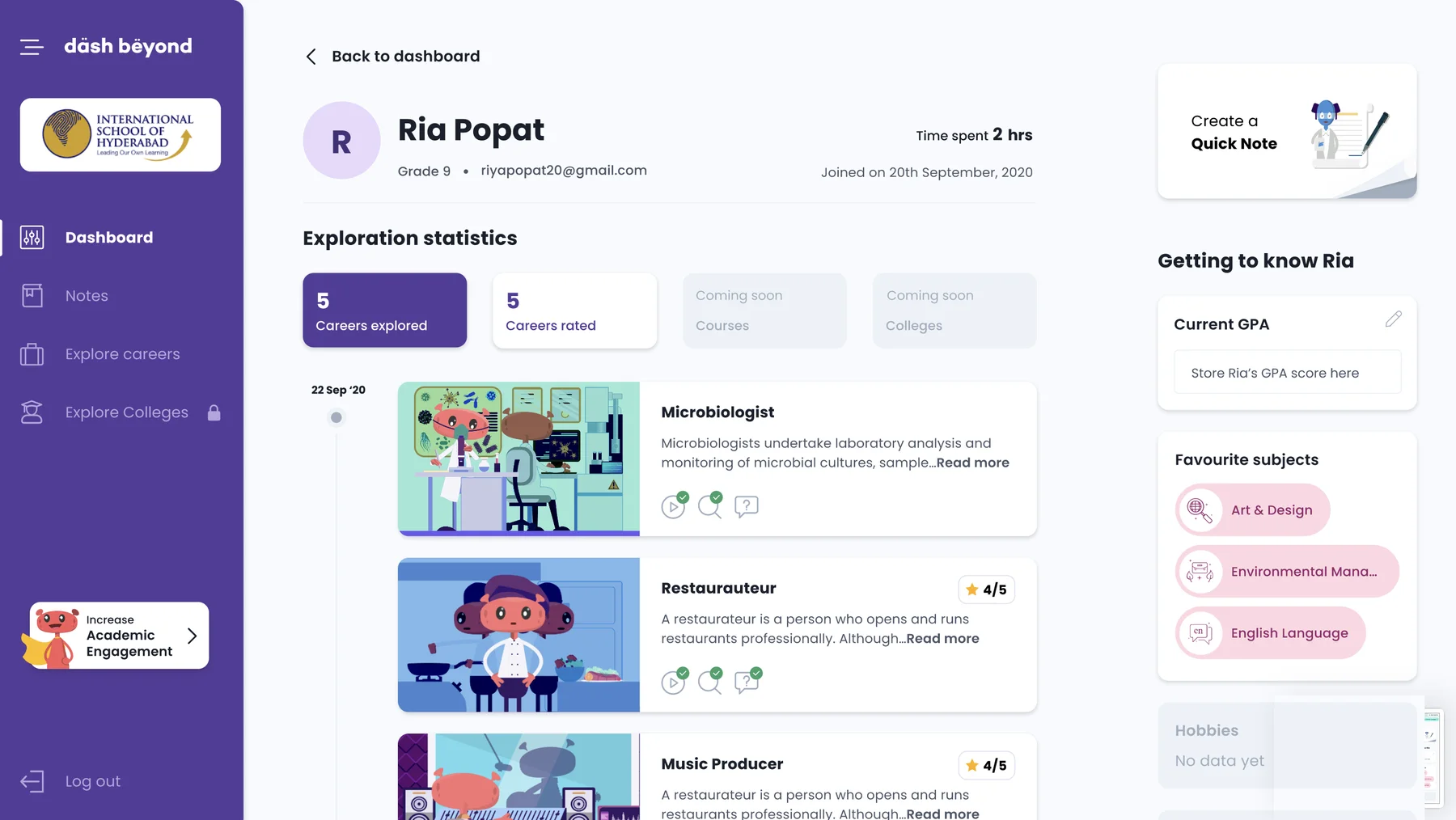 Student profile showing careers explored