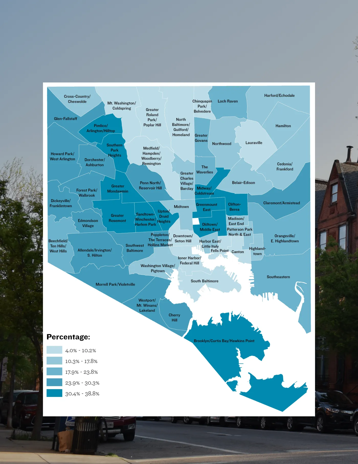 Map of Baltimore neighbourhoods shaded by percentage of houses without wireline internet