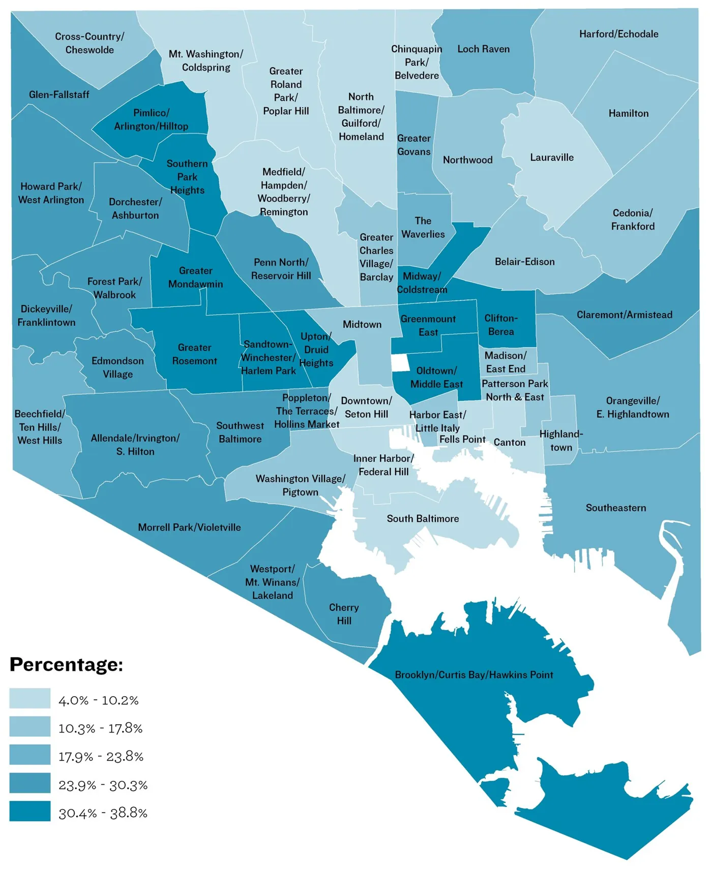 Map of Baltimore neighbourhoods shaded by percentage of houses without wireline internet