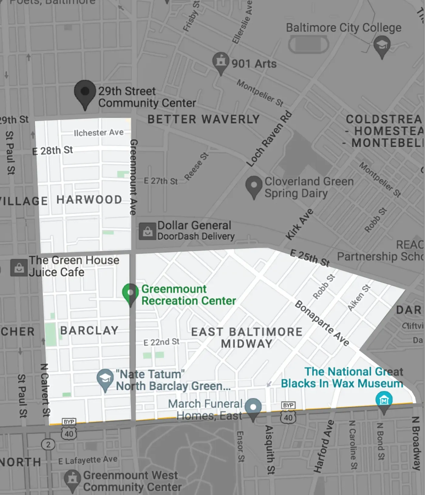 Map of the 29th Street Community Center area covering Harwood, Barclay and East Baltimore Midway