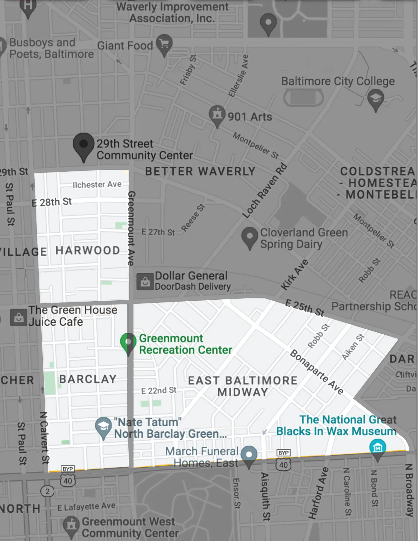 Map of the 29th Street Community Center area covering Harwood, Barclay and East Baltimore Midway