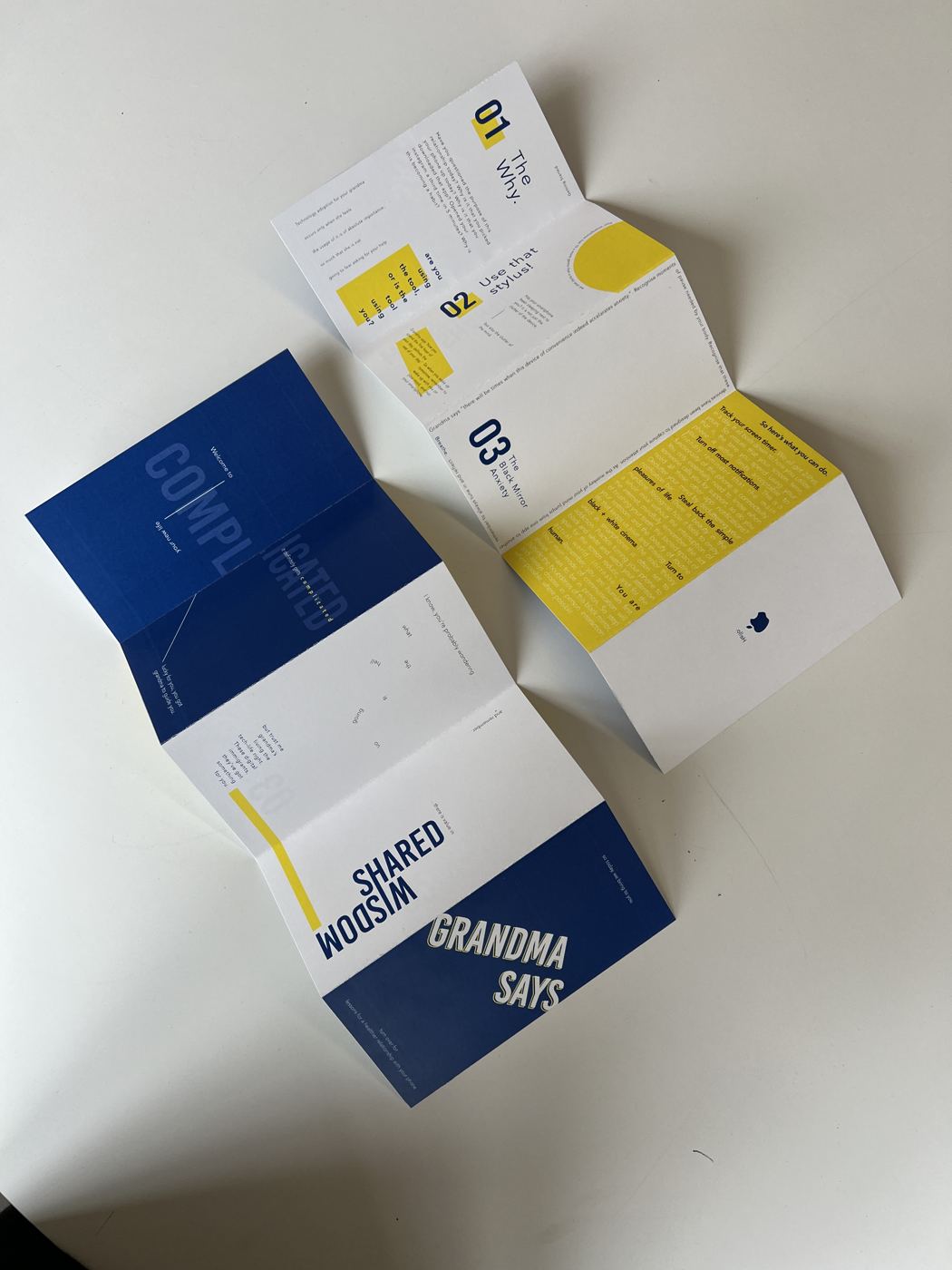 The fold-out manual opened up on a table: cobalt and yellow panels reading Complicated, Shared Wisdom and Grandma Says