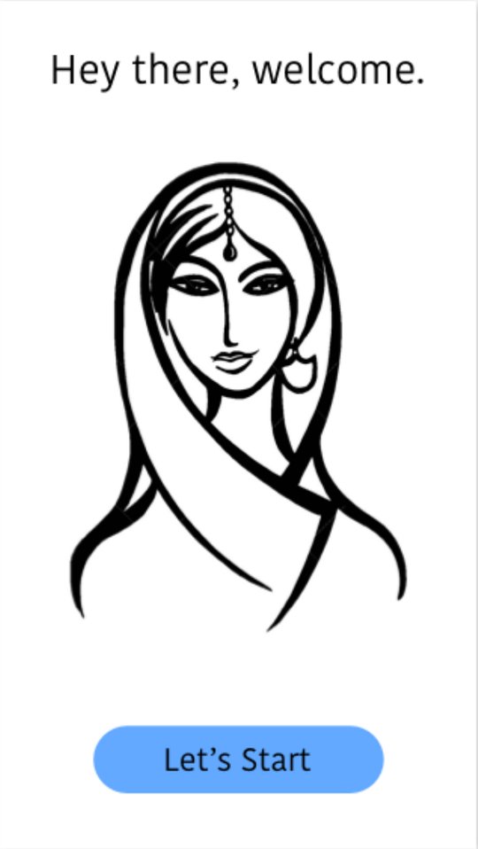 Welcome screen with Saheli, the illustrated character, and a Let&rsquo;s Start button